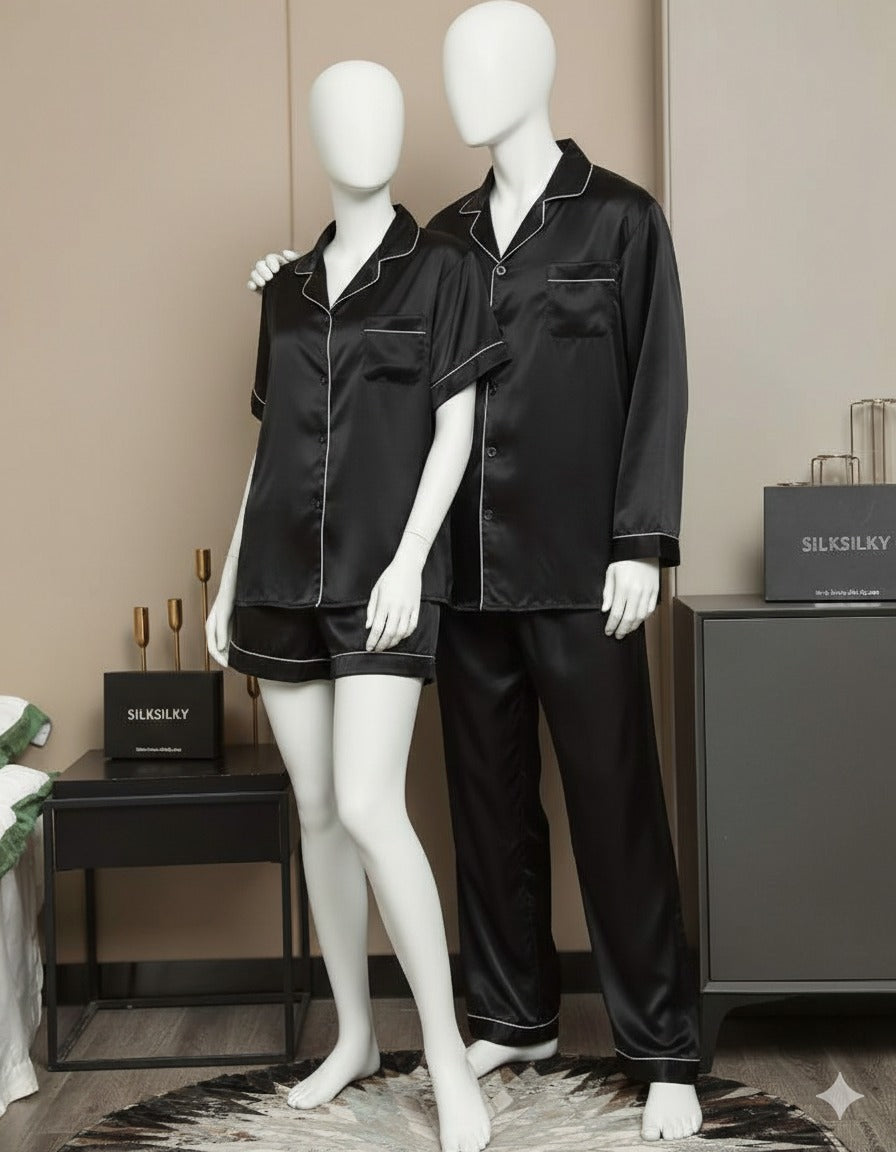Couple Night Suit / Silk Satin Sleepwear Set �Short & Long Style Combo (4 Pcs) | SKU: DC-C009 ~ Maroon