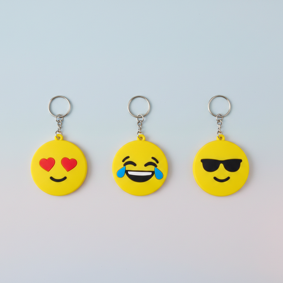 Pack of 3 Assorted Round Emoji Reaction Keychains �Plastic Smiley Face Charms (Random Designs)