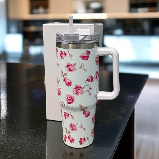 Floral Insulated Travel Tumbler with Ergonomic Handle and Leak-Resistant Lid �40oz Double-Wall Vacuum Flask ( Random Color )