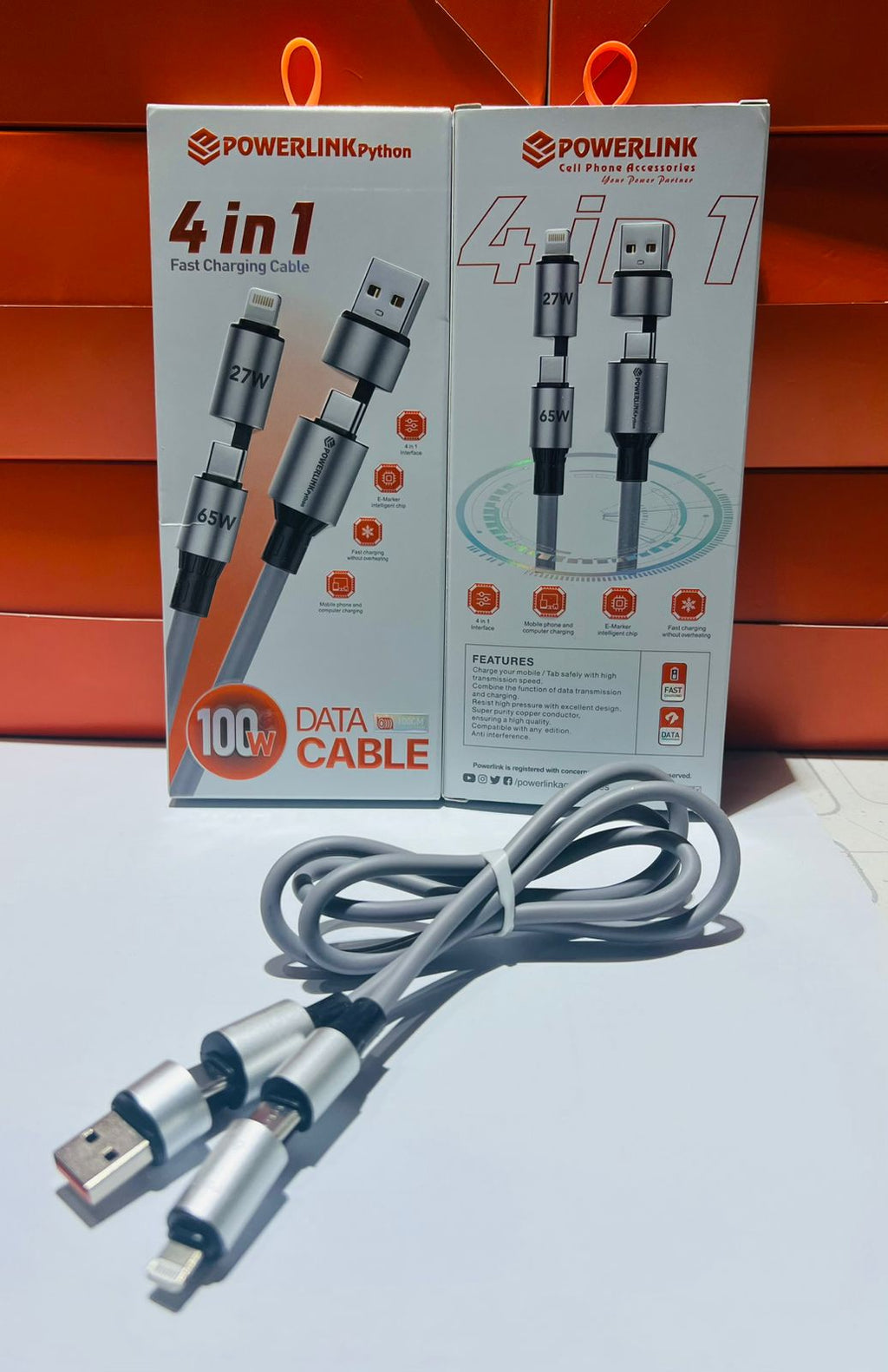 PowerLink Python 4-in-1 Fast Charging Cable �100W Super Fast Charging & Data Sync Cable