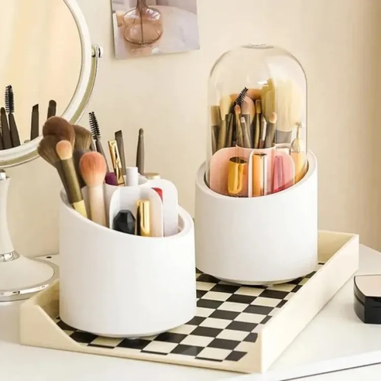 Makeup Brush Holder Organizer With Lid 360? Rotating Dustproof Printed Hard Box For Neat And Stylish Storage
