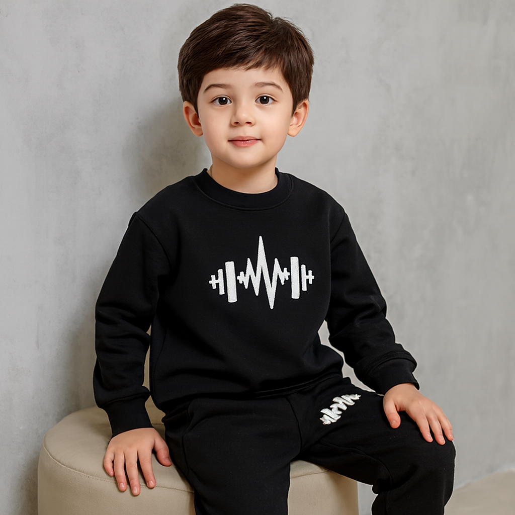 Black Cross Printed Fleece Winter Kids Tracksuit | Sweatshirt & Trousers Set for Boys & Girls �Warm & Cozy Outfit (Small)