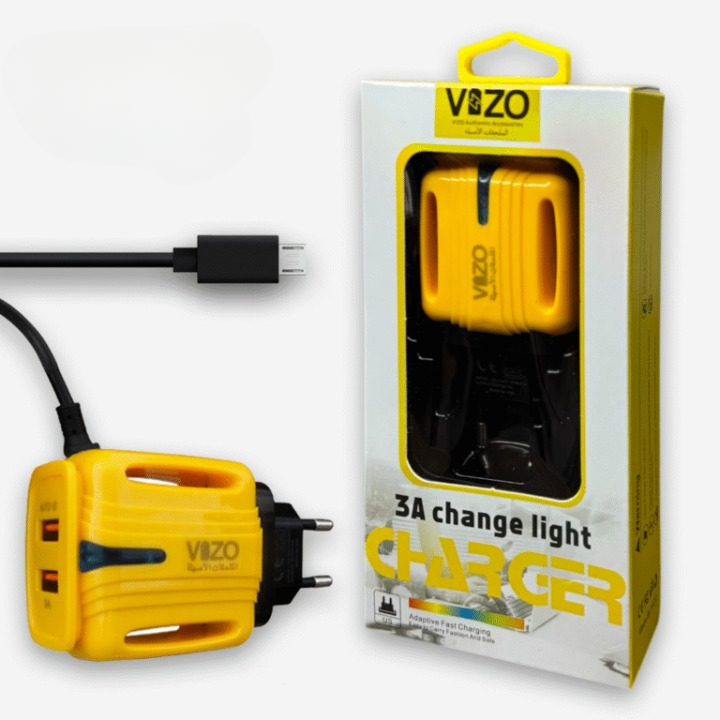 3A Light Change Charger with 2 USB Ports &amp; Built-in Micro USB Cable | Best Quality Charger For Android | Vizo 3A Charger