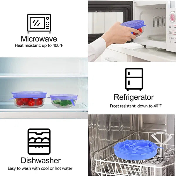 6Pcs Kitchen Reusable Silicone Seal Lid, Universal Silicone Stretch Lids for Food Preservation, Vacuum Food Storage, Bowl Cover and Cookware Cover for Kitchen and Home