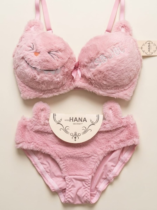 Cute Fur Style Double Padded Woolen Bikini Set �Soft Pink Plush Bra & Panty Lingerie Set - Size 38
