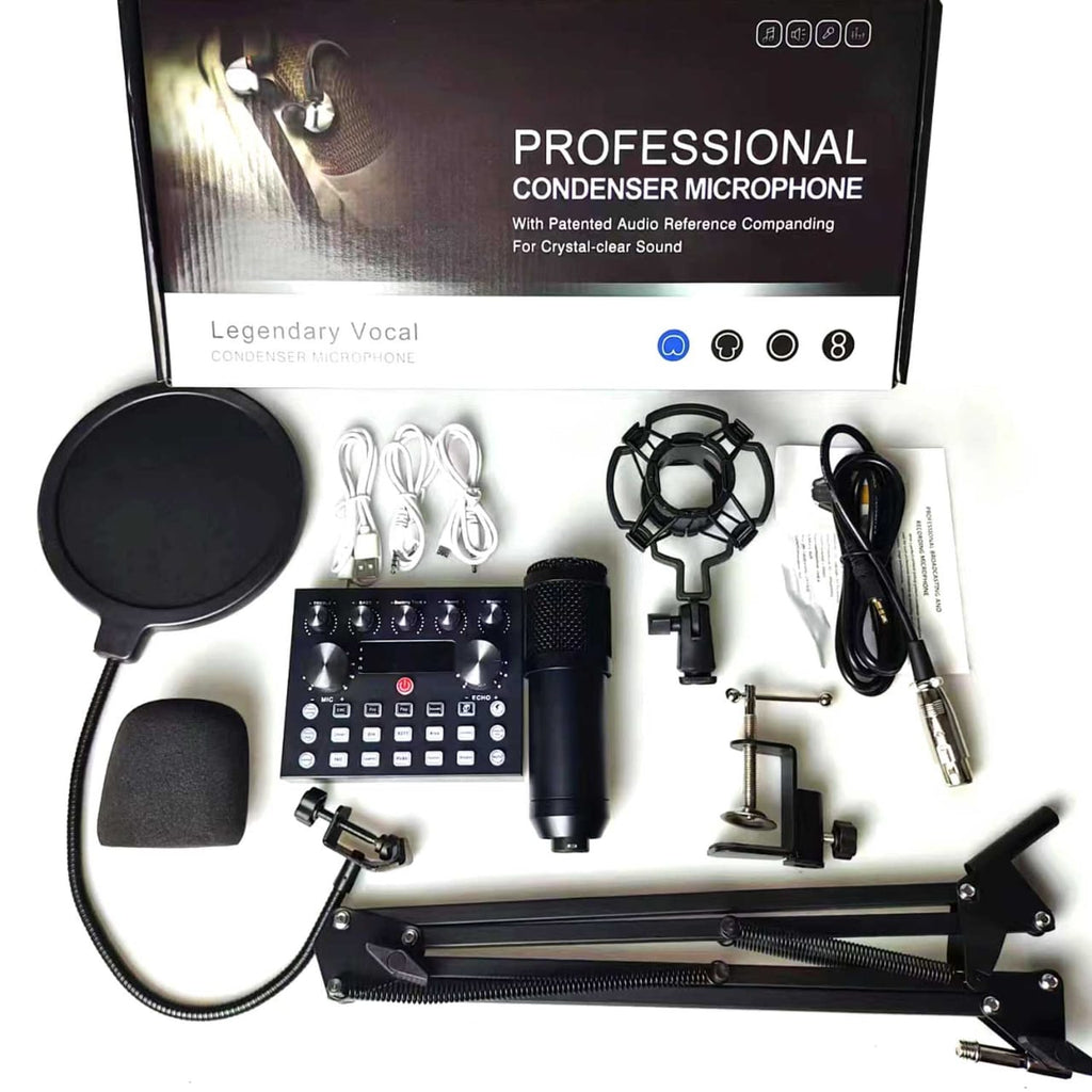 V10 BM-800 Podcast Condenser Microphone Set with Live Sound Card & Adjustable Scissor Arm Stand