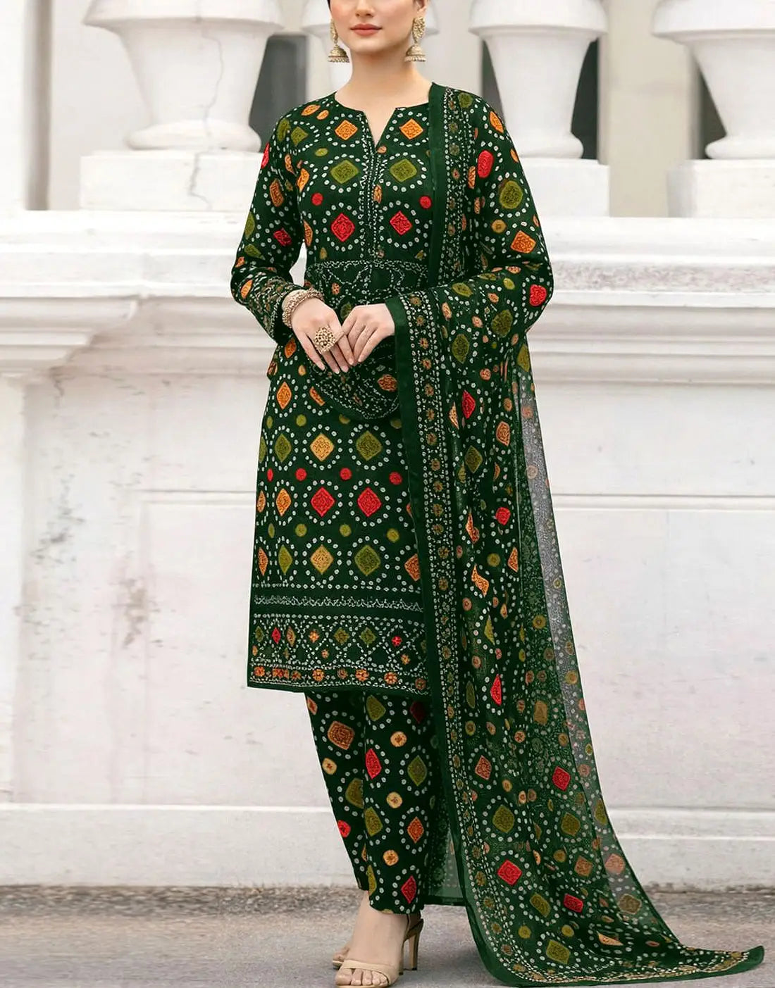 Trendy All-Over Digital Chunri Print Embroidered Lawn Dress �Unstitched 3PC Summer Collection