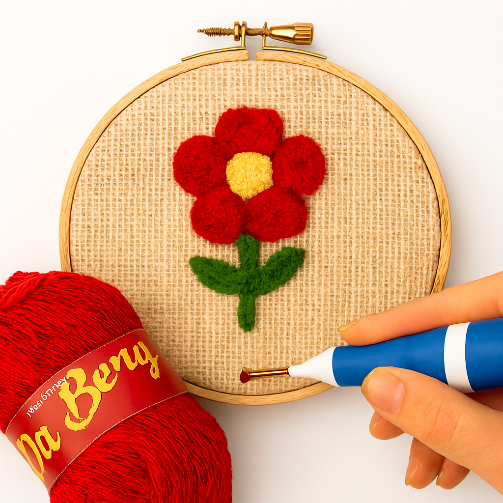 3D Embroidery Punch Needle Kit with 10 Inch Wooden Hoop, Jute Cloth (20x36 inch), Thread, Scissors & Tools �Complete Handcraft Embroidery Set (Maroon Yarn)