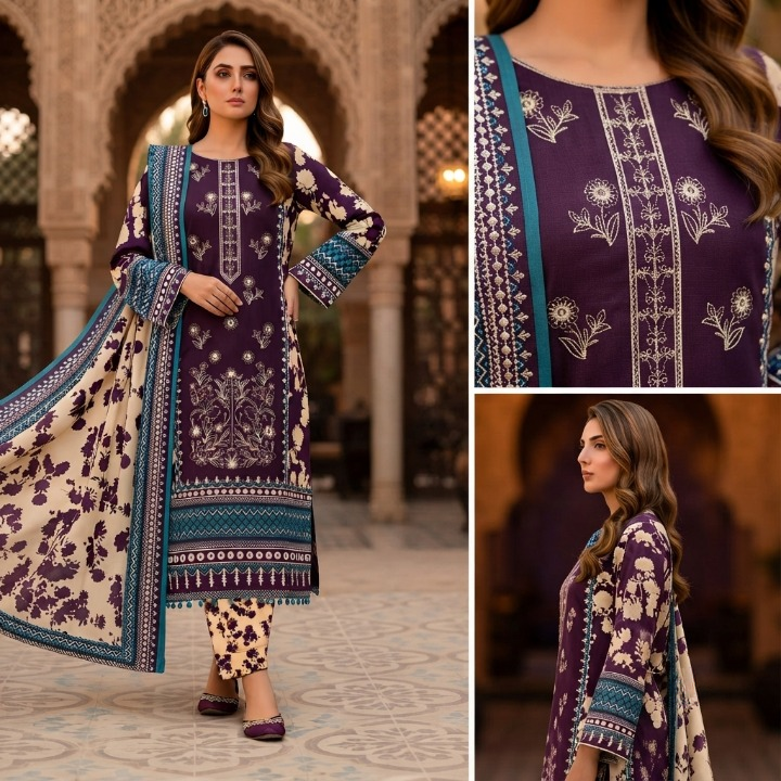 3 Piece Unstitched Lawn Suit For Women