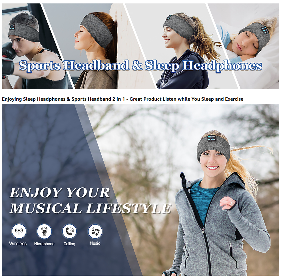 2-in-1 Sports & Sleep Bluetooth Headband �Wireless Music Headphones with Built-in Mic, Elastic Eye Mask for Workout, Travel & Relaxation