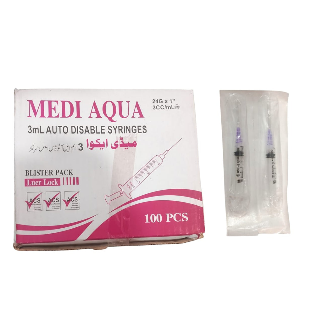 Medi Aqua 3cc Syringes �Precision, Safety & Comfort for Medical Use, Designed for Accurate Dosage, Smooth Injection & Reliable Patient Care Every Time (Pack of 100)