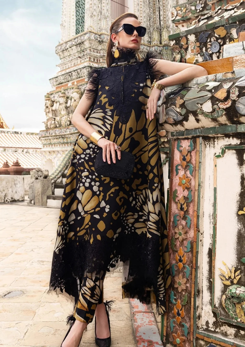 Maria B Printed Embroidered Lawn 3PC Unstitched Suit with Chiffon Dupatta �Black & Mustard