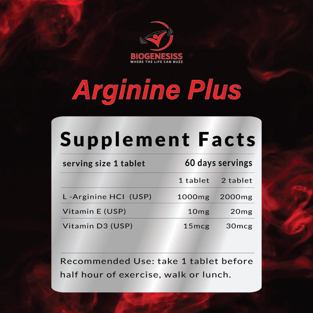 Biogenesiss Arginine Plus Premium L-Arginine Complex �1000mg Free Form Amino Acid with Vitamins E & D3 for Nitric Oxide Boost, Circulation, and Muscle Recovery (60 Tablets)