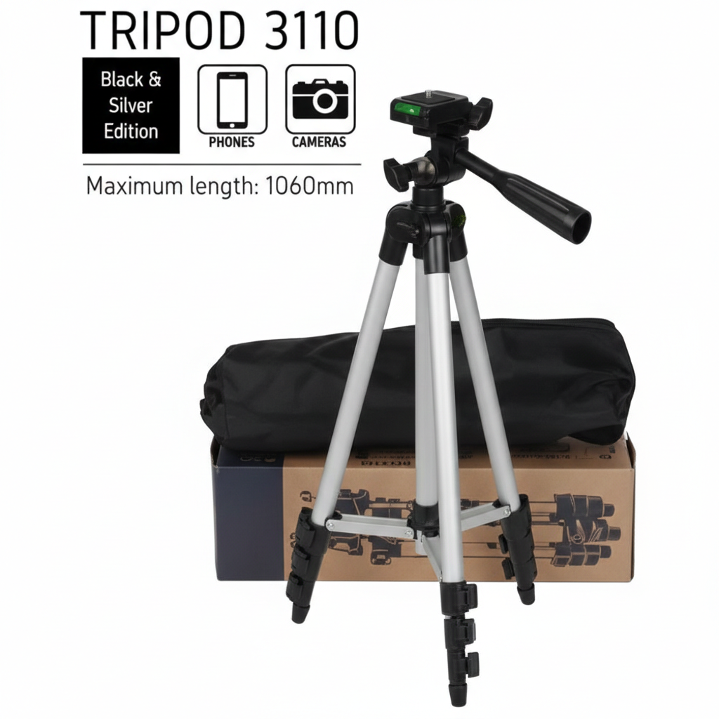 Tripod 3110 Portable Adjustable Aluminium Lightweight Camera Stand Tripod, with 3-Dimensional Head and Quick Release Plate for Video Cameras and Mobile, Black, Silver | 3110