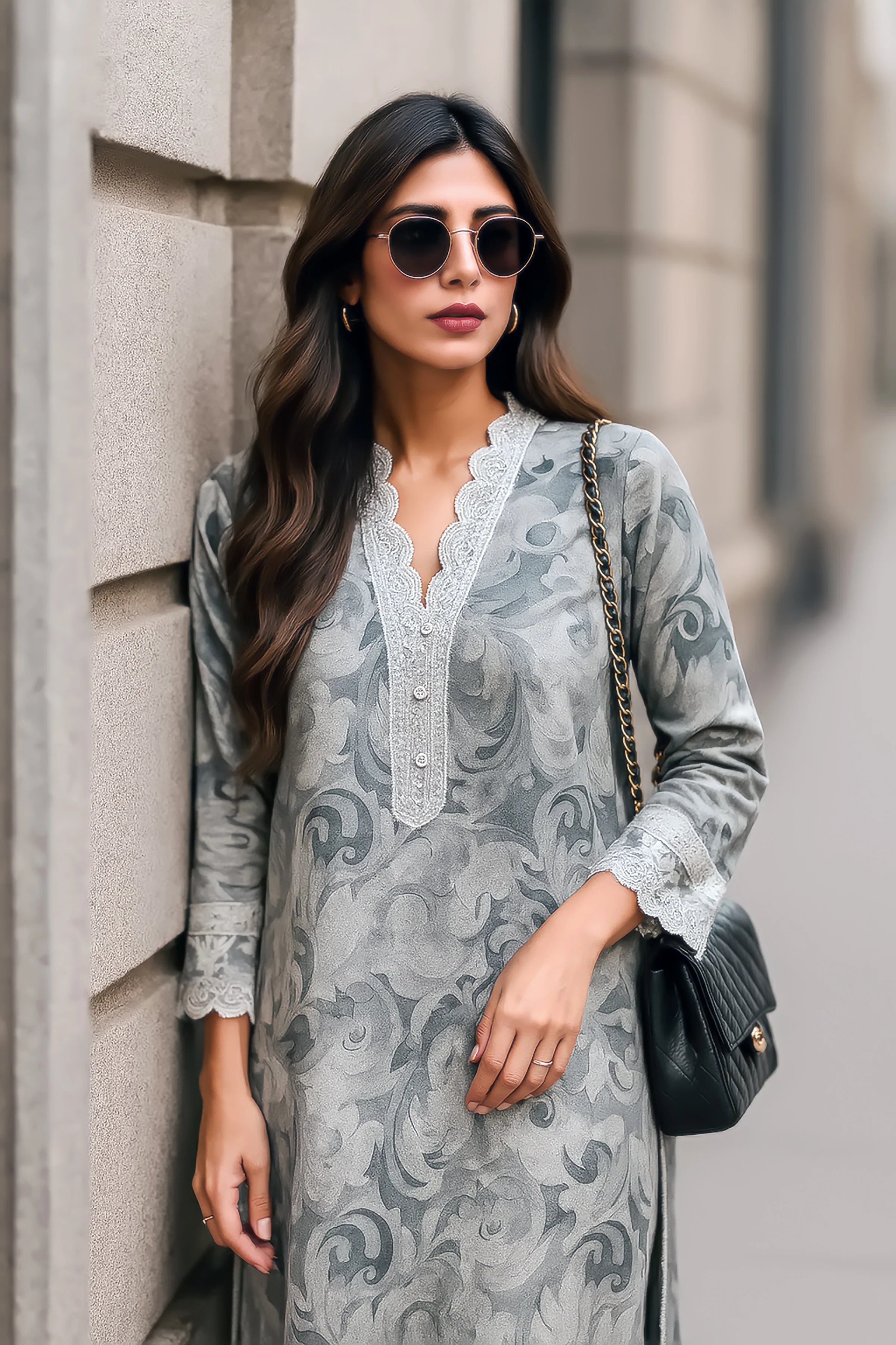 ANEELA? Luxury Embroidered Lawn 3 Piece Unstitched Suit �Grey Floral Summer Collection