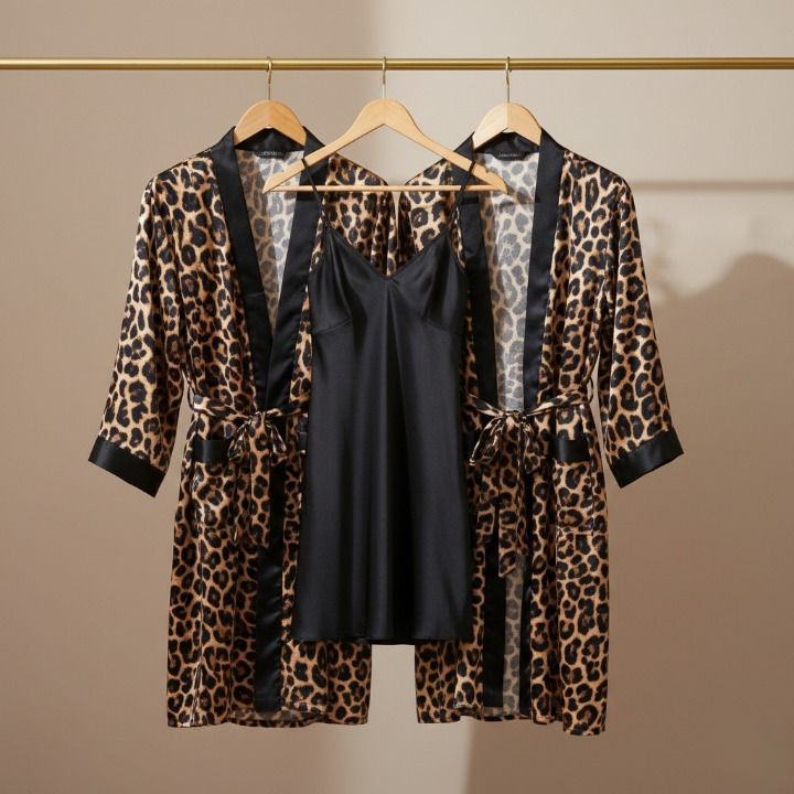 Couple Leopard Print & Black Satin Sleepwear