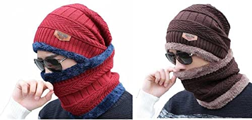 Winter Cap and neck Elastic Knitting Thick Fleece Warm Woolen Beanie Cap Sport Hat &amp; Neck Scarf Set 2 Piece(Random colors)