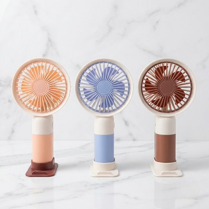 Mini Cute Rechargeable Handheld Fan with Integrated Mobile Stand Base �Premium Single-Speed Portable Desktop Fan