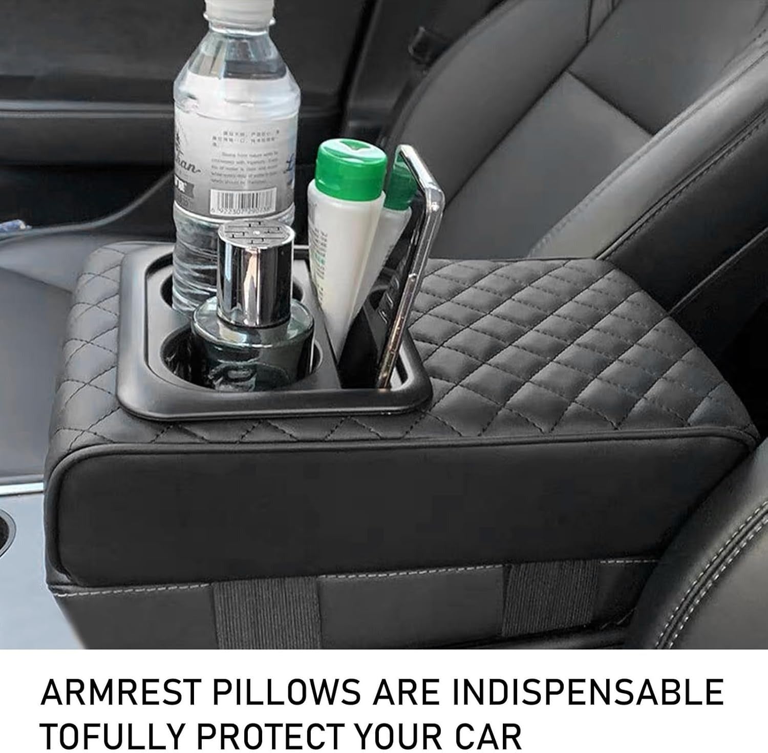 Car Armrest Cushion with Cup Holder & Storage Box �PU Leather Center Console Organizer Cover | Universal Fit