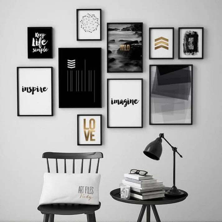 Set Of 10 Modern Motivational Photo Frames Black And White Inspirational Quotes And Abstract Designs Wooden MDF | Double Tape Includes