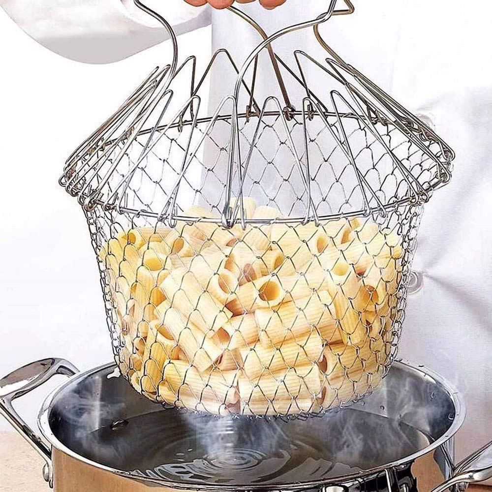 Stainless Steel Multi-Functional Foldable Chef Basket �Deluxe Kitchen Colander, Mesh Steam, Rinse, Strain & Fry Basket