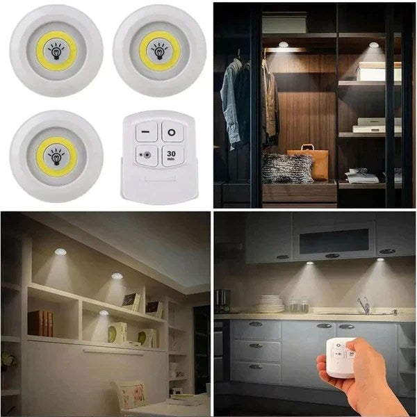 Pack Of 3 LED Remote Control Lights | Tap Light For Cabinet Wardrobe Room Kitchen & Office Use | Self-adhesive Lights With Remote (Cell Operated)
