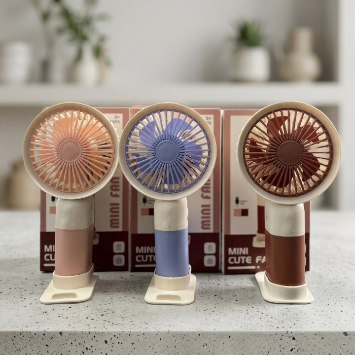 Mini Cute Rechargeable Handheld Fan with Integrated Mobile Stand Base �Premium Single-Speed Portable Desktop Fan