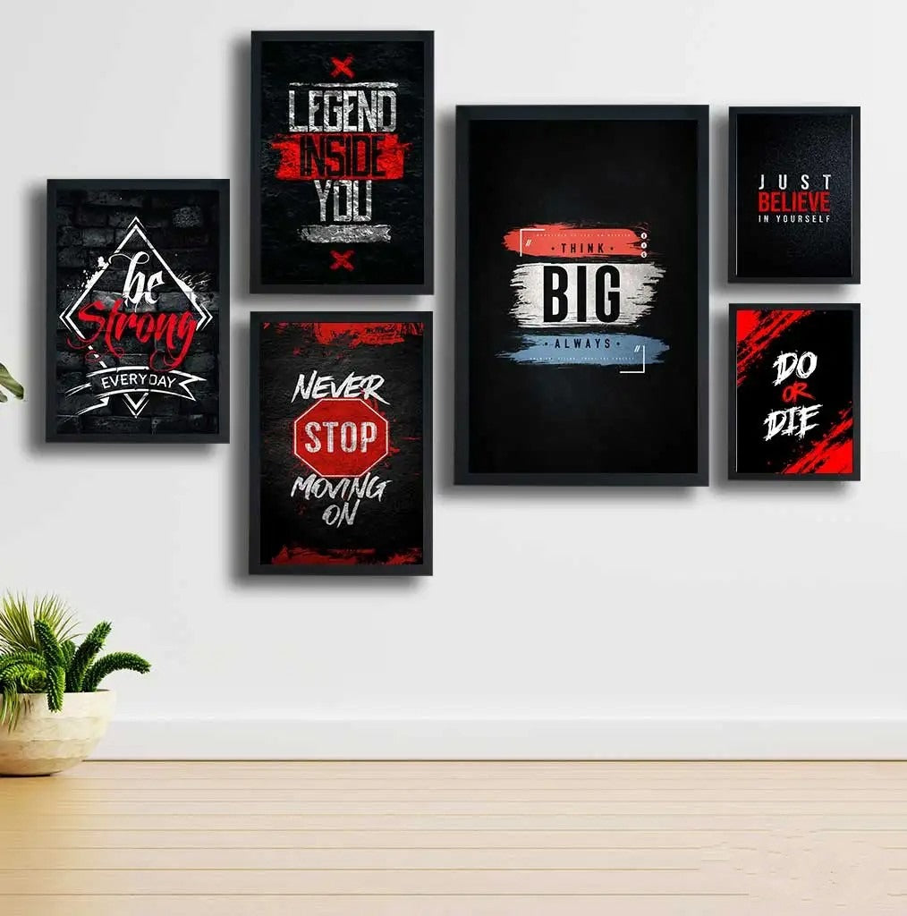 Motivational Wooden Wall Art Frame Set �6 Pcs Inspirational Quotes | Be Strong, Think Big, Never Stop, Do or Die | Premium Quality Wooden Frames for Home & Office