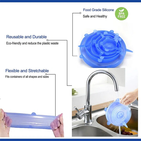 6Pcs Kitchen Reusable Silicone Seal Lid, Universal Silicone Stretch Lids for Food Preservation, Vacuum Food Storage, Bowl Cover and Cookware Cover for Kitchen and Home