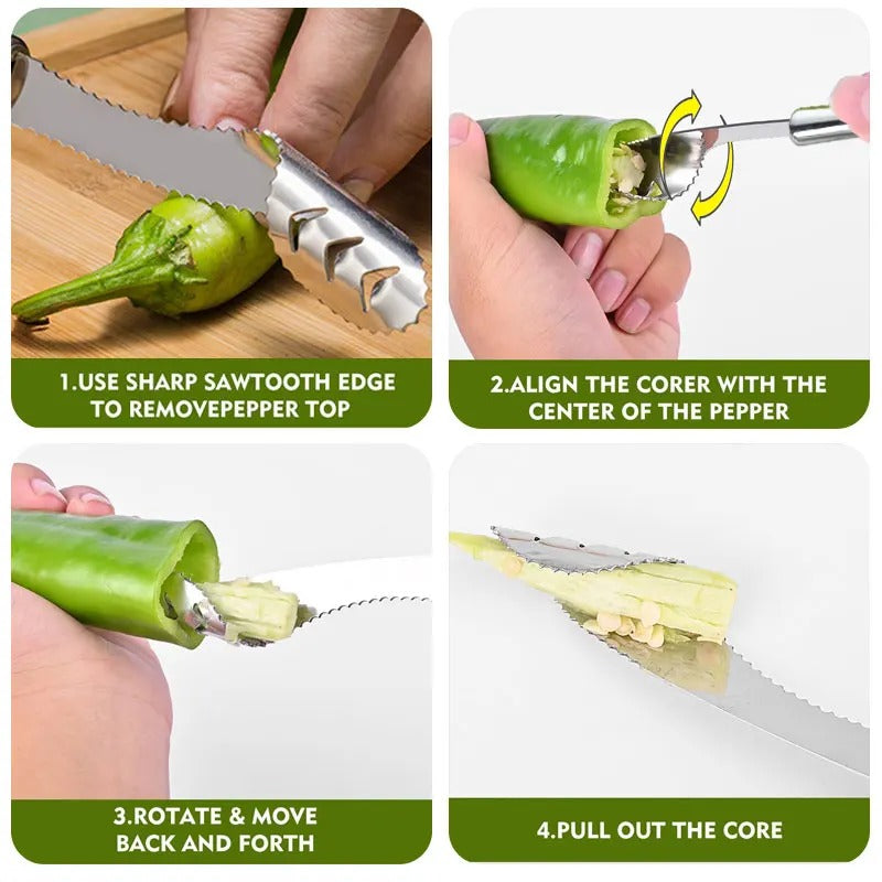 Stainless Steel Pepper Corer & Vegetable Slicer �Multifunction Jalapeno Core Remover, Fruit & Seed Extractor Tool