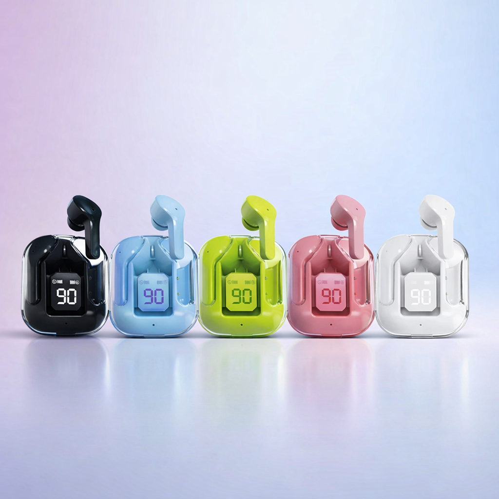 Air31 TWS Wireless Earbuds �Crystal Clear Transparent Shell Earphones with LED Digital Power Display and Bluetooth V5.3 - Random Color