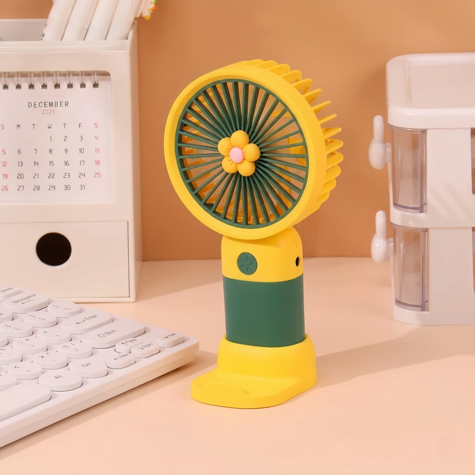 Portable Mini Rechargeable Fan with Desktop Stand, USB Charging Cable & Premium Box (Random Color)