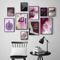 Allah Name 10 Piece Islamic Wall Art Set Wooden MDF Frames With Purple And Gold Abstract Designs | Double Tape Include