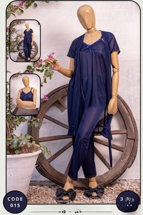 Luxury Silk 3-Piece Nightwear Set for Women �Free Size �Premium Satin Robe & Pajama Suit (SKU: R-015) - Red