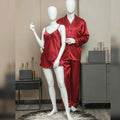 Premium Satin Silk Couple Night Suit Pajama / Short Set �Matching Luxury Nightwear for Men & Women (4 Pcs) | SKU: DC-C010 ~ Maroon