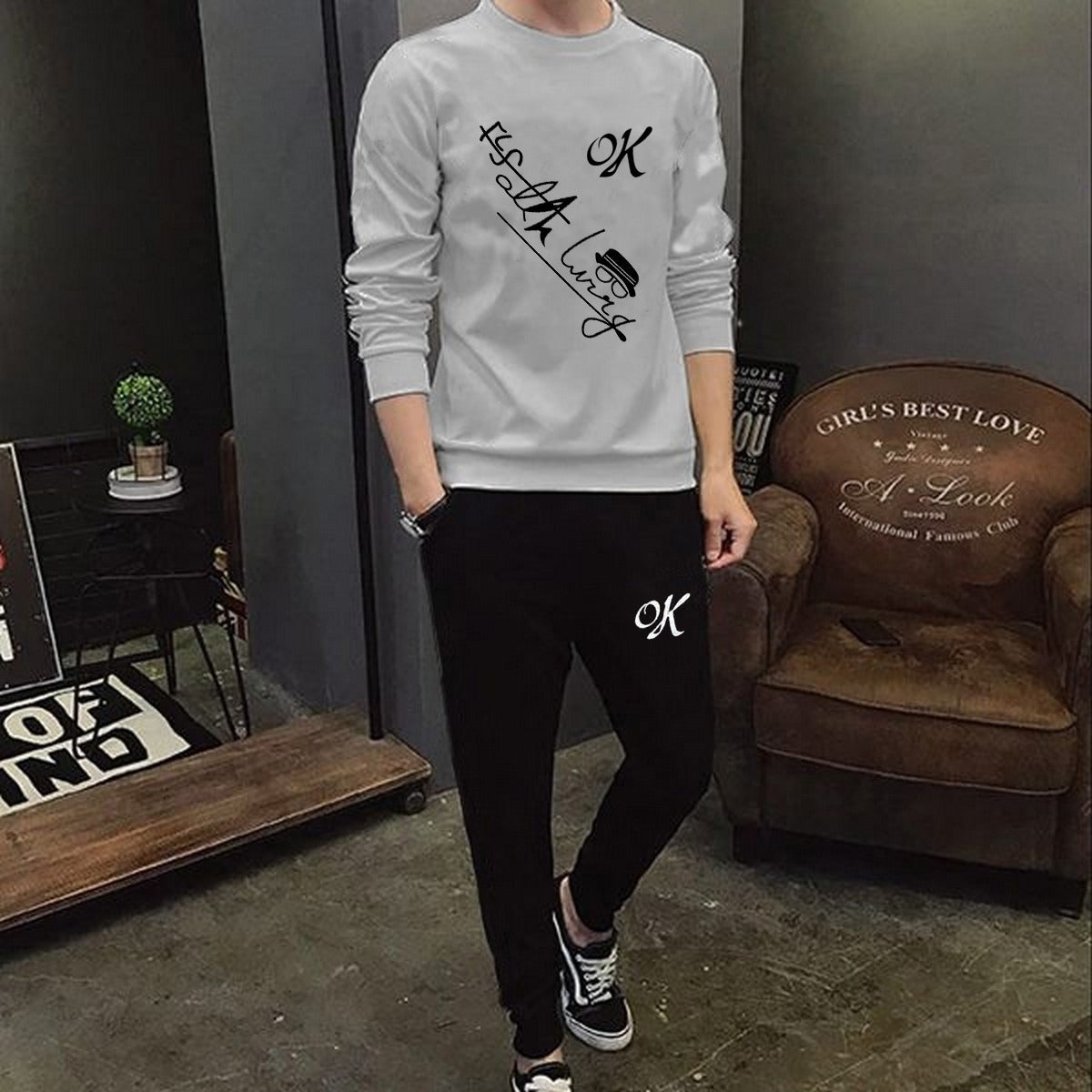 Men's OK Printed Tracksuit Jersey Cotton T-Shirt And Trouser Set Casual Summer Sportswear - Medium