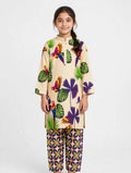 Girls Beige Printed Stitched Co Ord Set