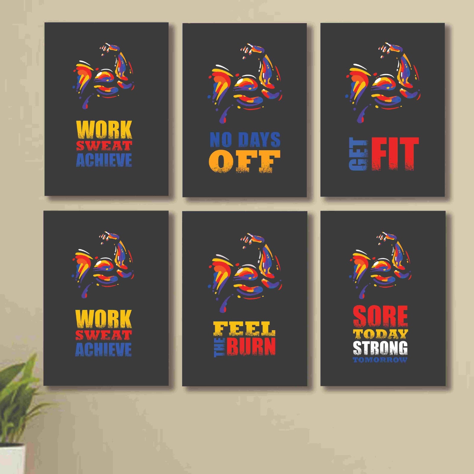 6 Pc Wall Decor Cardboard Phototiles With Double Tape Motivational Gym Quotes Work Hard Biceps Triceps(8*11size)