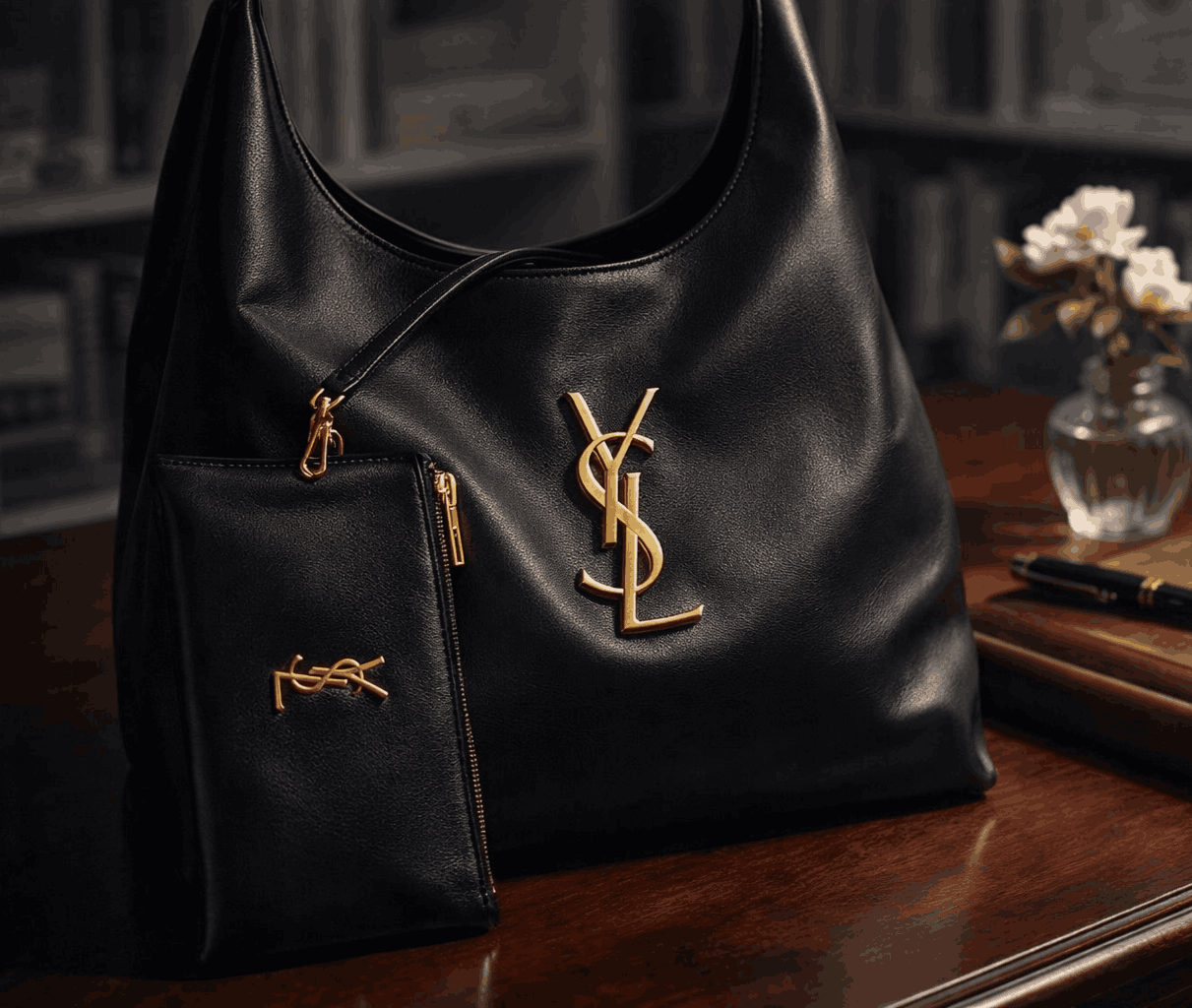 Luxury YSL Imported Tote Bag (Large Capacity) �High-Quality Black Leather Shoulder Bag with Pouch | Premium Designer Bag( without box)