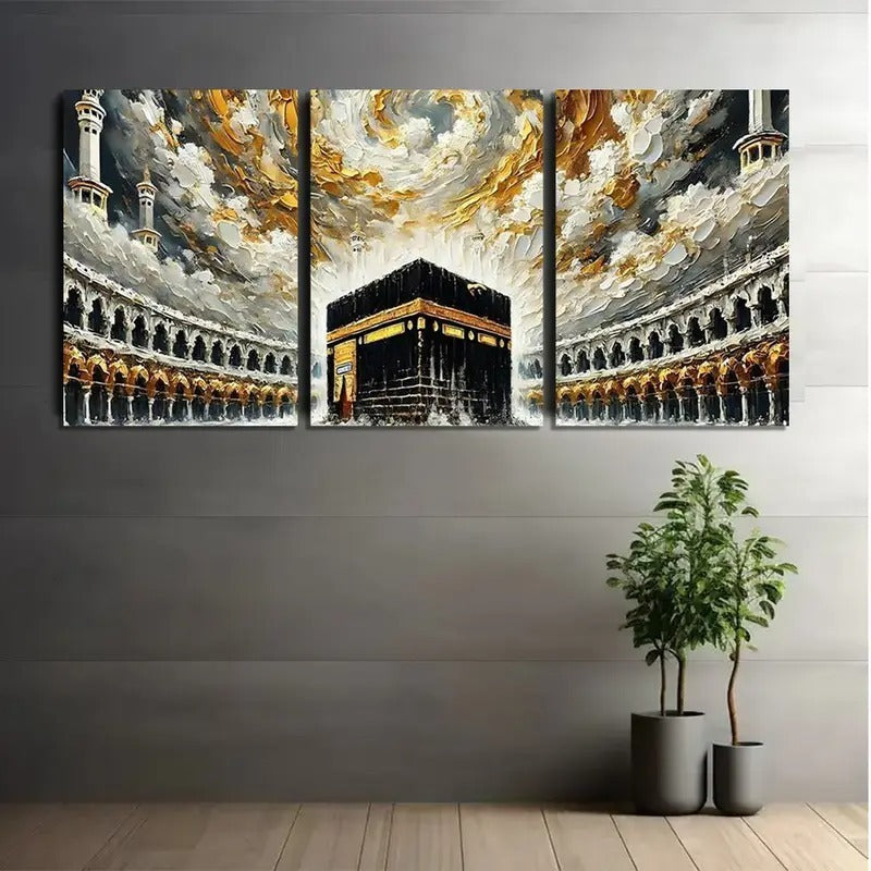 Kaaba Wall Art �3-Piece  Wooden Sticky Tile Frames with Adhesive Tape for Easy Mounting