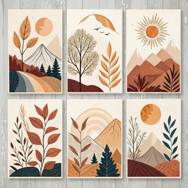 Hills Moon Sun Leaves Wooden Wall Art �6 Piece Decorative Frame Set Made With Wooden Stickytile, Size 8x11 Inches Each, Easy To Mount With Double Tape
