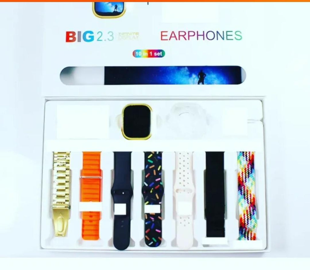 I20 Ultra Max Suit Smartwatch 10-in-1 Box �2.3-Inch Large Display with 7 Mixed Color Straps and AirPods 2 �Complete Smart Combo Set for Men and Women (Random Color)