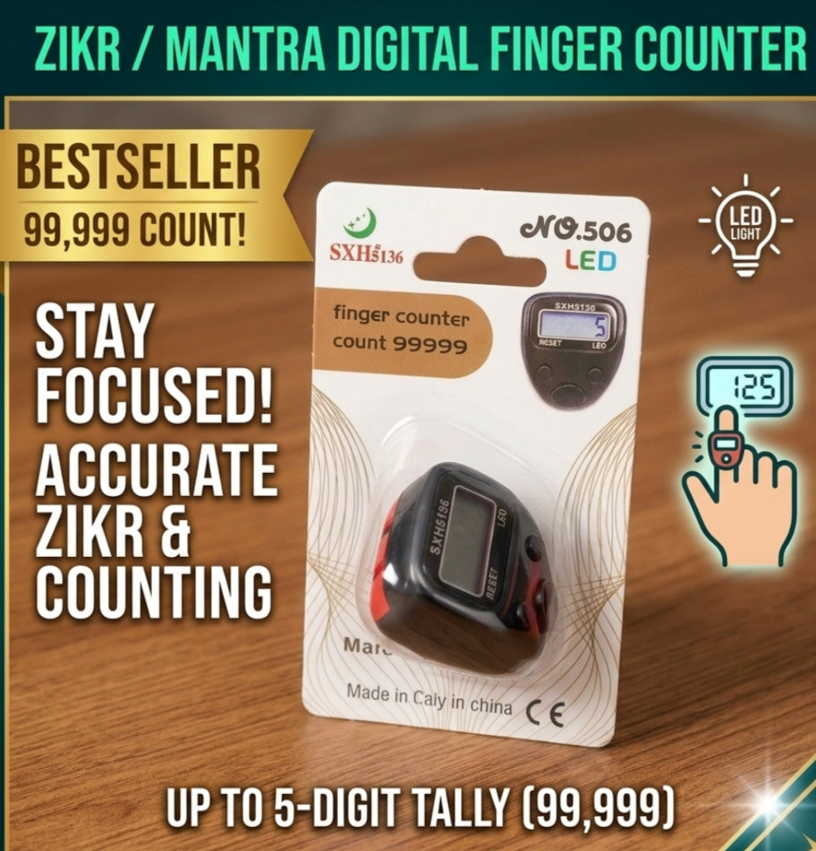 Digital Finger Counter LED Electronic Tasbeeh & Tally Counter 99999 Counts | Random Color