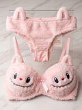 2 PCs Labubu Style Cute Double Padded Bra & Panty Set for Women �Soft Wool Material, Comfortable Lingerie Set (Size 38 Random Color)
