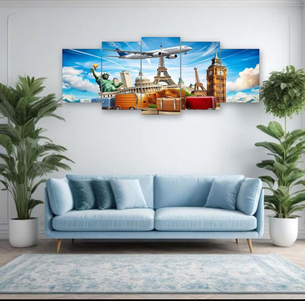 World Travel Landmarks Wall Art �5-Piece Canvas Set (16x40 inches) | Wooden Sticky Tile Frames with Double Tape