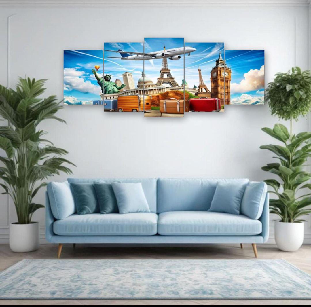 World Travel Landmarks Wall Art �5-Piece Canvas Set (16x40 inches) | Wooden Sticky Tile Frames with Double Tape