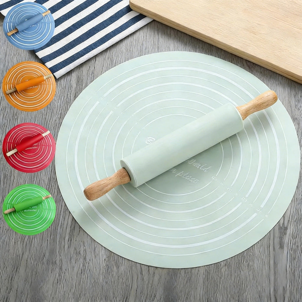 Silicone Dough Mat With Rolling Pin Set | Extra Thick Non-Slip Baking Mat For Pizza & Bread | Random Color