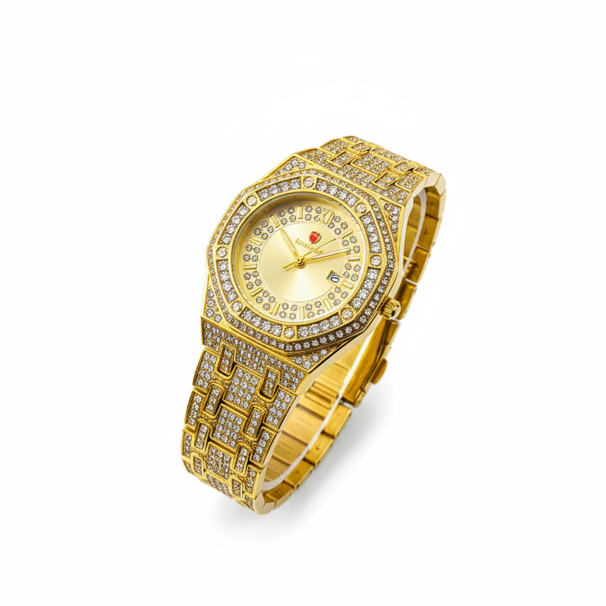 Luxury Gold Diamond-Studded Wrist Watch �Premium Designer Style Quartz Watch for Men & Women (Without Box)