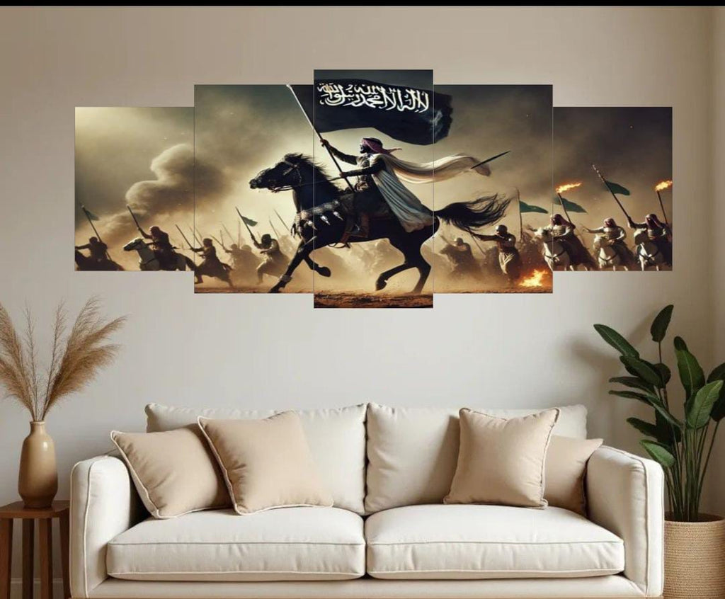 Islamic Warrior Canvas Wall Art �Set of 5 Panels (16x40 inches) | Wooden Sticky Tile Frames with Double Tape