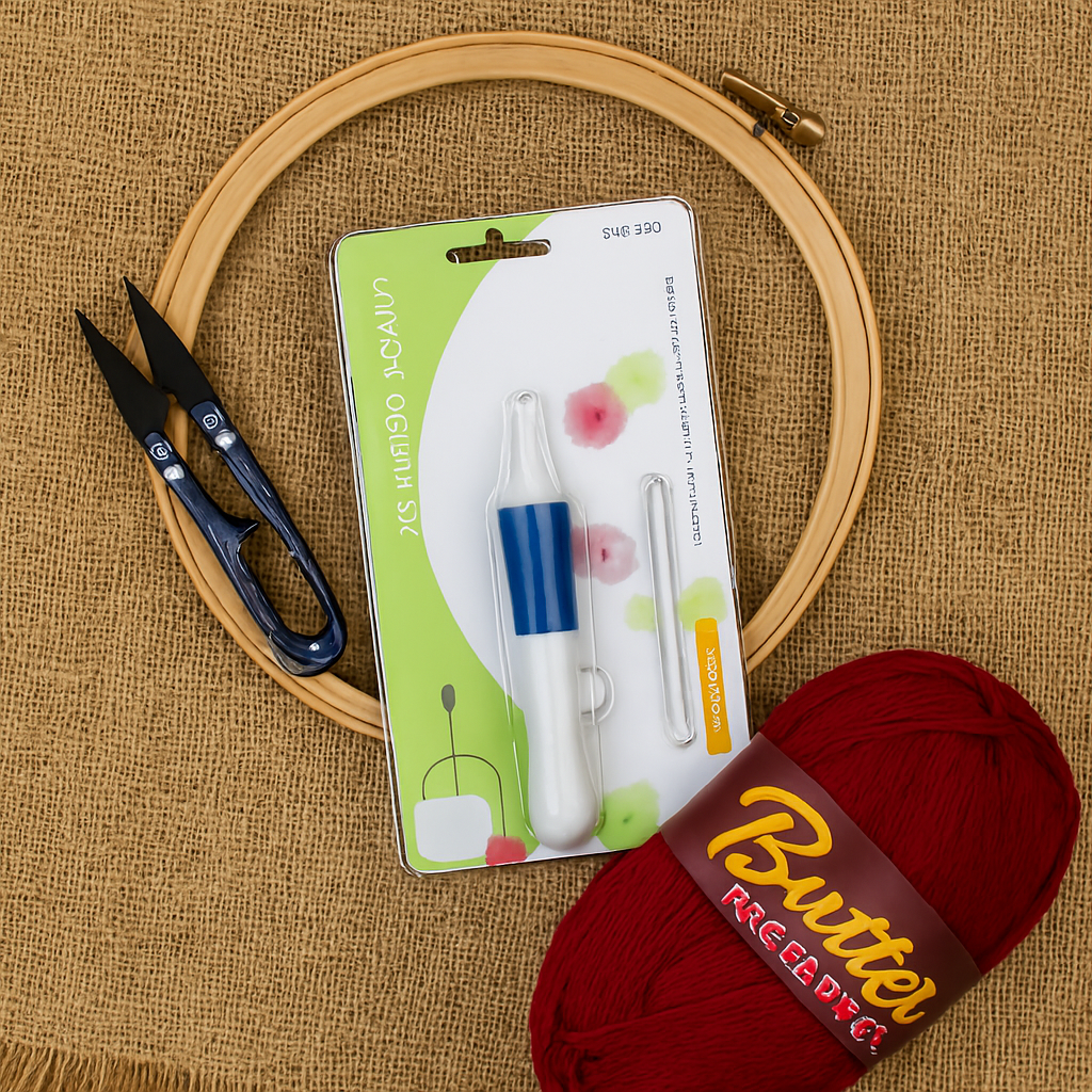 3D Embroidery Punch Needle Kit with 10 Inch Wooden Hoop, Jute Cloth (20x36 inch), Thread, Scissors & Tools �Complete Handcraft Embroidery Set (Maroon Yarn)